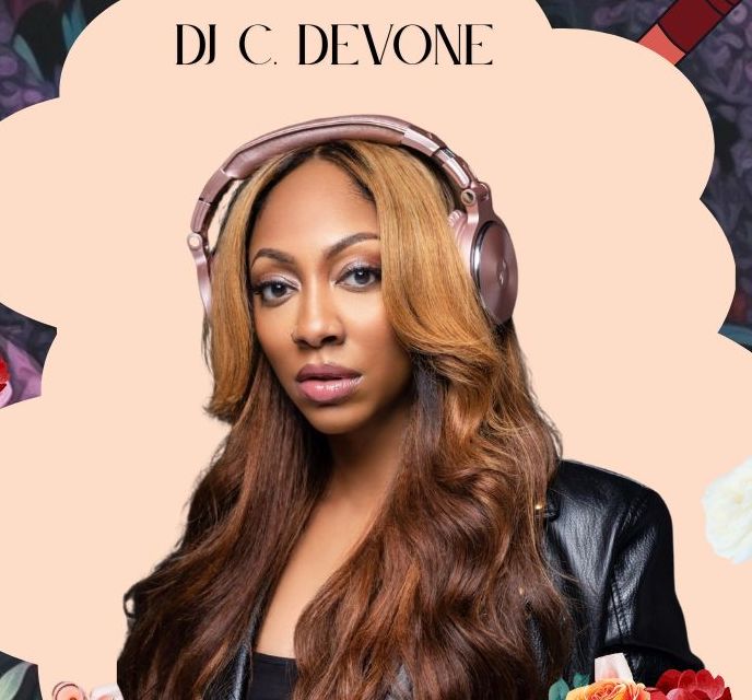 DJ C. DeVone portrait wearing headphones against a warm peach backdrop